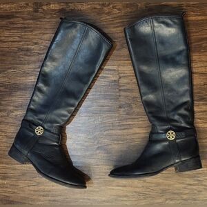 Tory Burch Bristol Black Leather Riding Boots Goldtone Hardware 7.5